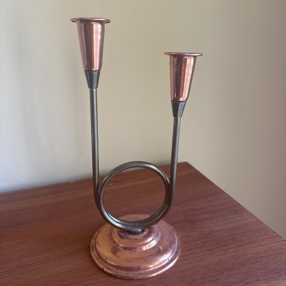 Vintage COPPERCRAFT Guild French Horn Copper/Brass Double Candlestick Holder